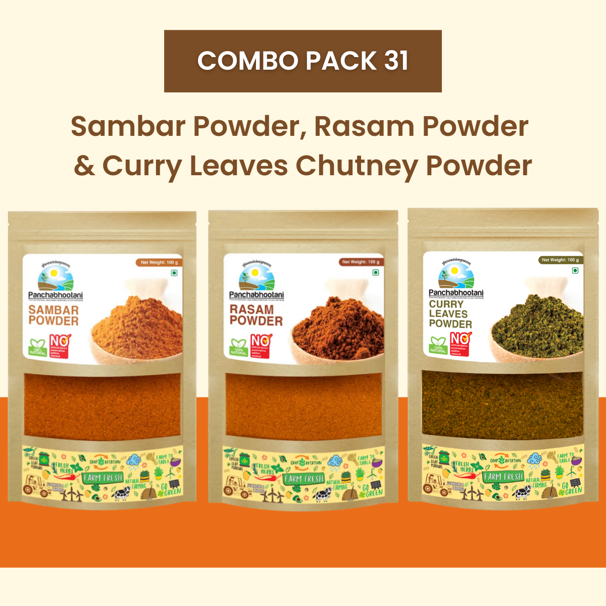 Panchabhootani Combo Pack 31 - Sambar Powder + Rasam Powder + Curry Leaves Chutney Powder