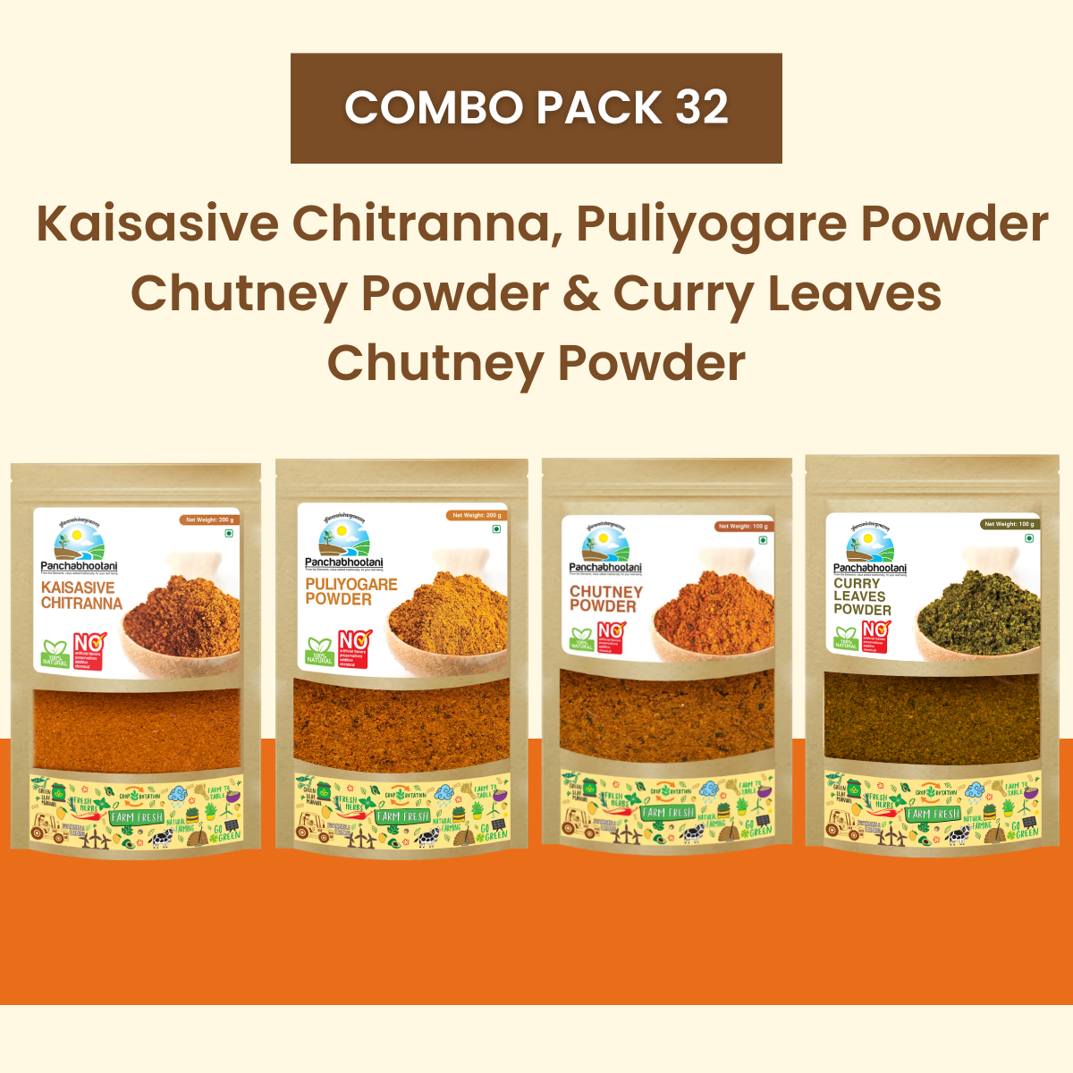 Panchabhootani Combo Pack 32 - Kaisasive Chitranna Powder + Puliyogare Powder + Chutney Powder + Curry Leaves Chutney Powder