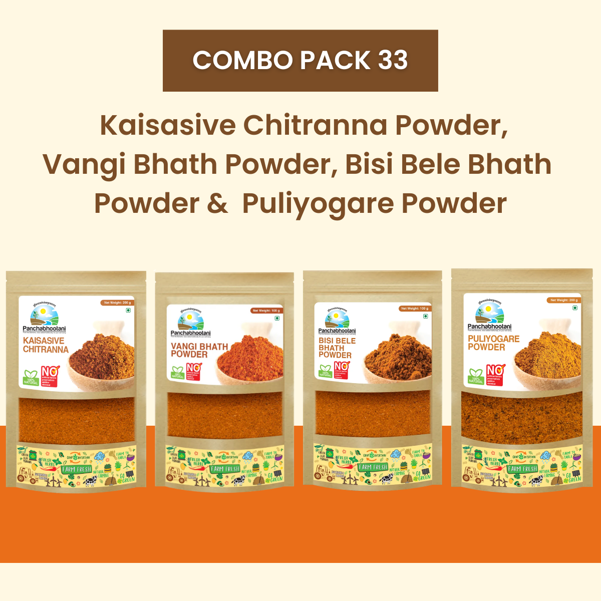 Panchabhootani Combo Pack 33 - Kaisasive Chitranna Powder + Vangi Bhath Powder + Bisi bele bath Powder + Puliyogare Powder