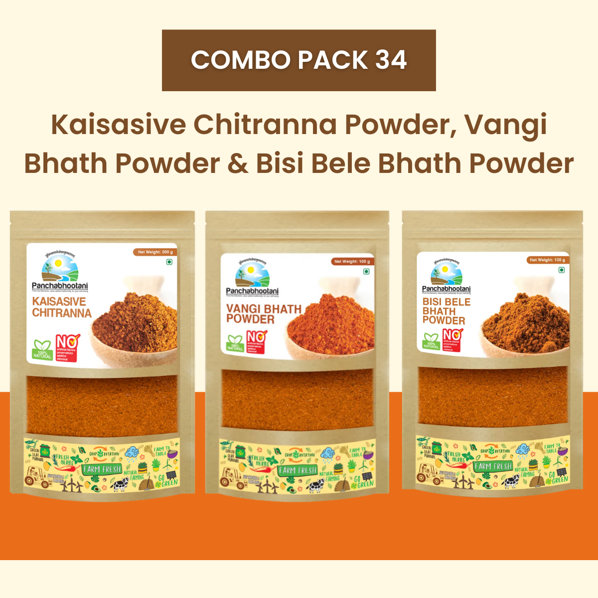 Panchabhootani Combo Pack 34 - Kaisasive Chitranna Powder + Vangi Bhath Powder + Bisi bele bath Powder
