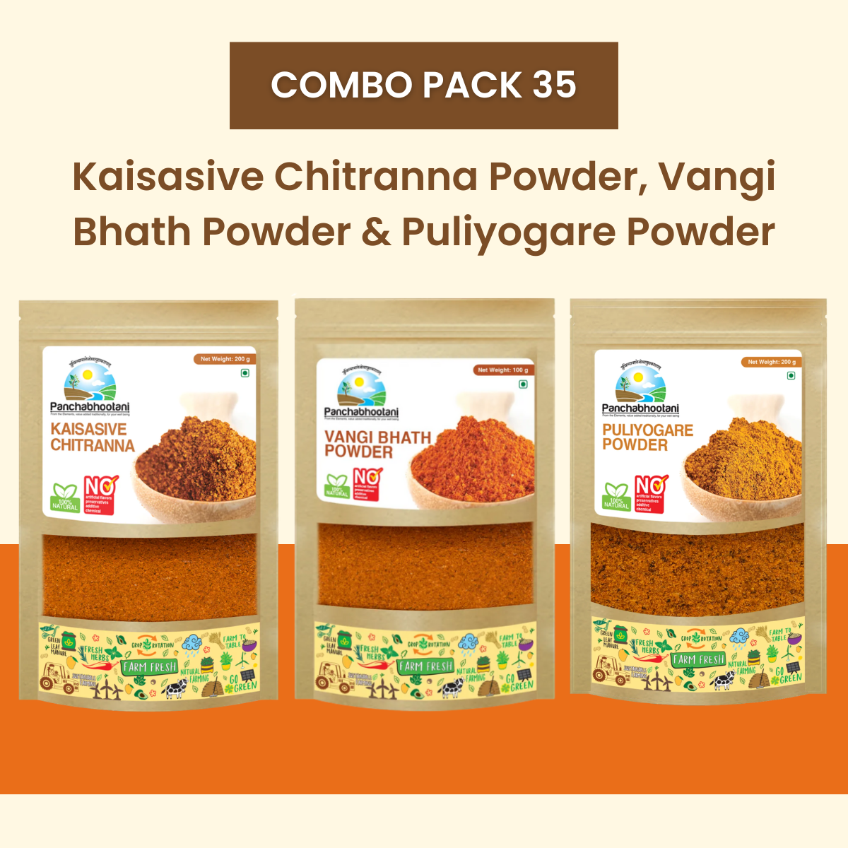 Panchabhootani Combo Pack 35 - Kaisasive Chitranna Powder + Vangi Bhath Powder + Puliyogare Powder