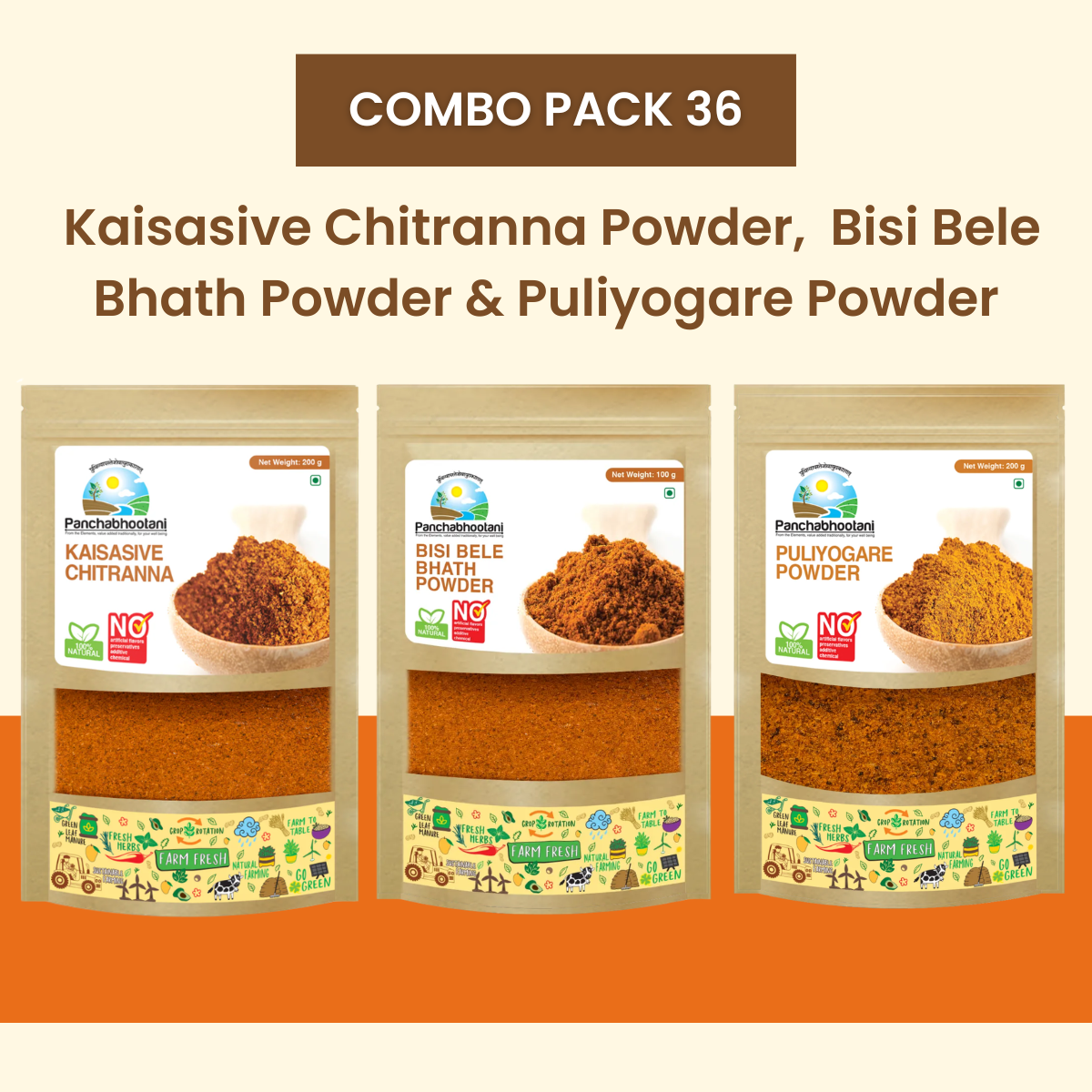 Panchabhootani Combo Pack 36 - Kaisasive Chitranna Powder + Bisi bele bath Powder + Puliyogare Powder
