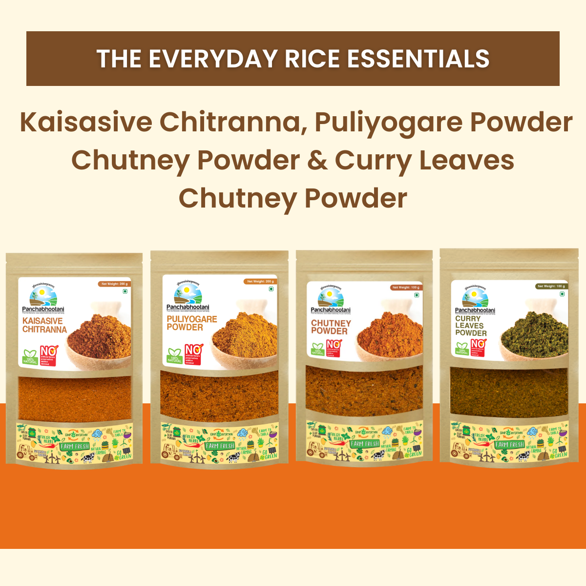 Panchabhootani Combo Pack 32 - Kaisasive Chitranna Powder + Puliyogare Powder + Chutney Powder + Curry Leaves Chutney Powder