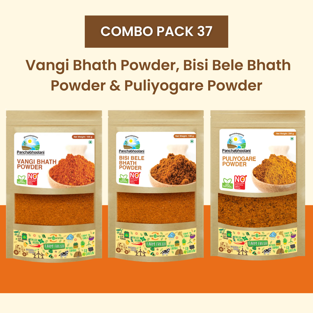 Panchabhootani Combo Pack 37 - Vangi Bhath Powder + Bisi bele bath Powder + Puliyogare Powder