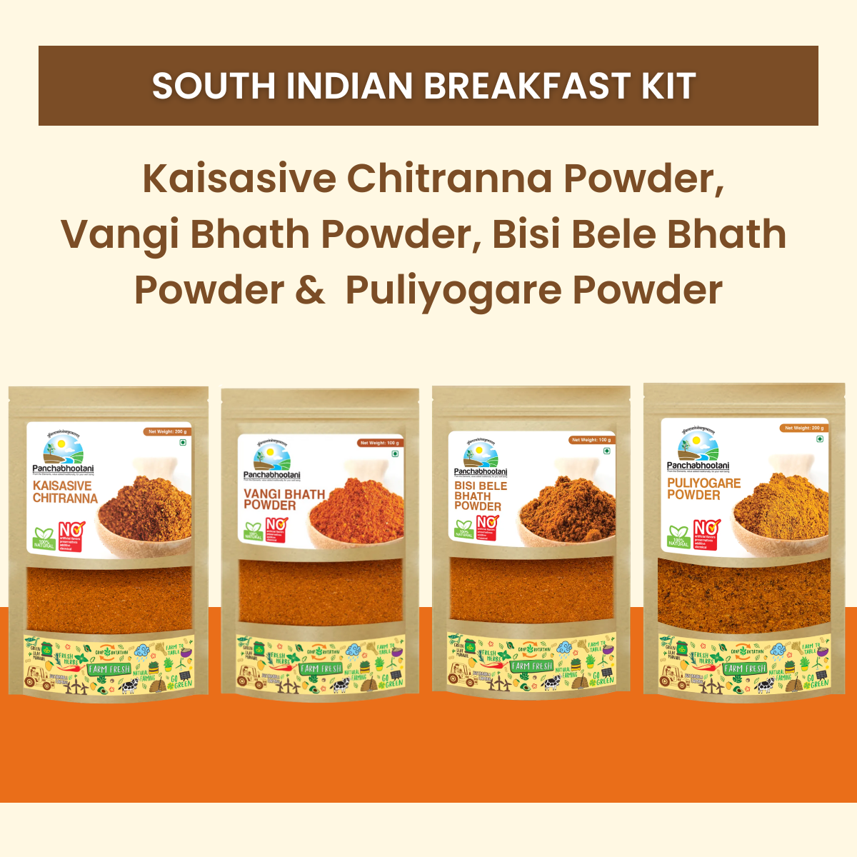 Panchabhootani Combo Pack 33 - Kaisasive Chitranna Powder + Vangi Bhath Powder + Bisi bele bath Powder + Puliyogare Powder