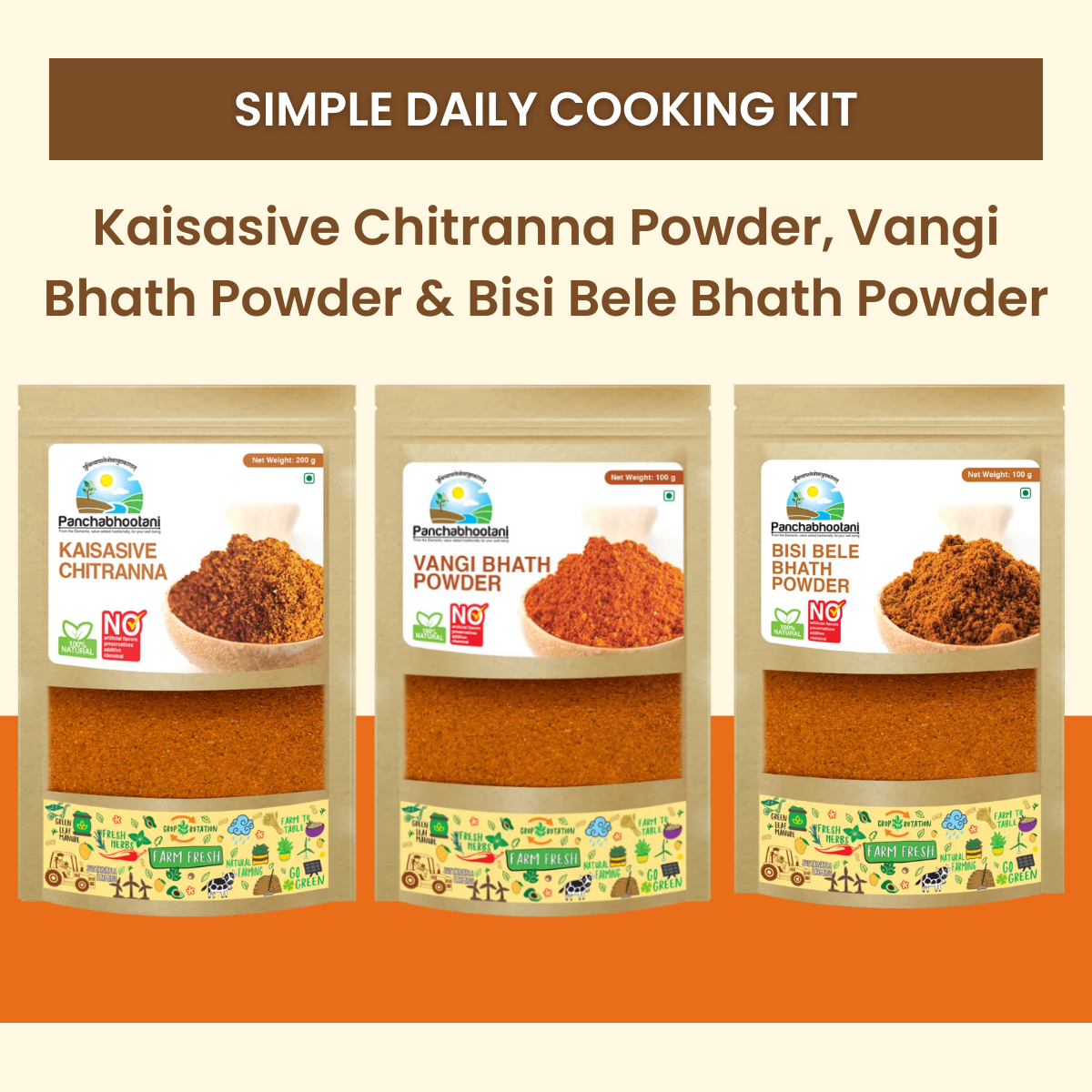 Panchabhootani Combo Pack 34 - Kaisasive Chitranna Powder + Vangi Bhath Powder + Bisi bele bath Powder