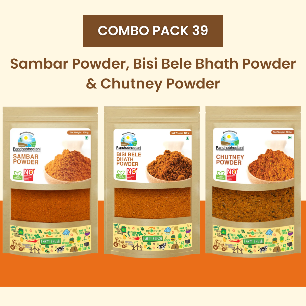 Panchabhootani Combo Pack 39 - Sambar Powder + Bisi bele bath Powder + Chutney Powder