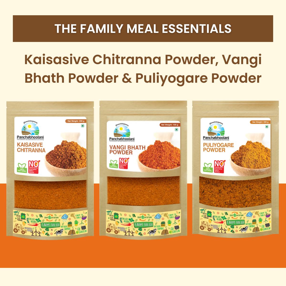 Panchabhootani Combo Pack 35 - Kaisasive Chitranna Powder + Vangi Bhath Powder + Puliyogare Powder