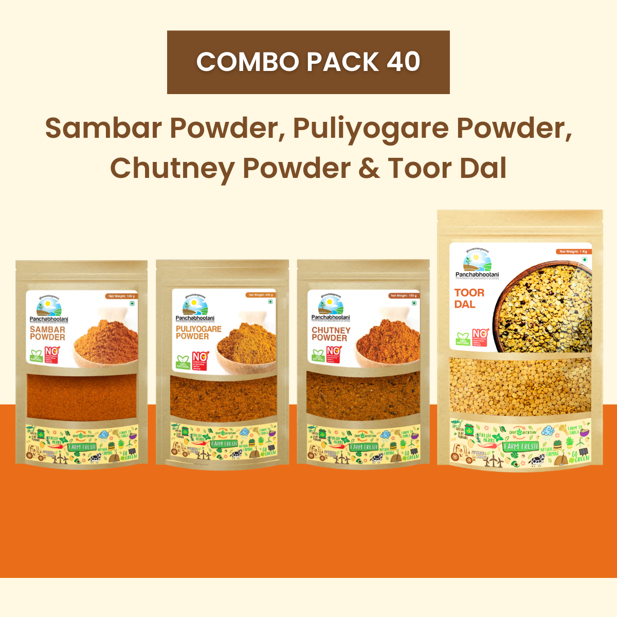 Panchabhootani Combo Pack 40 - Sambar Powder + Puliyogare Powder + Chutney Powder + Toor Dal