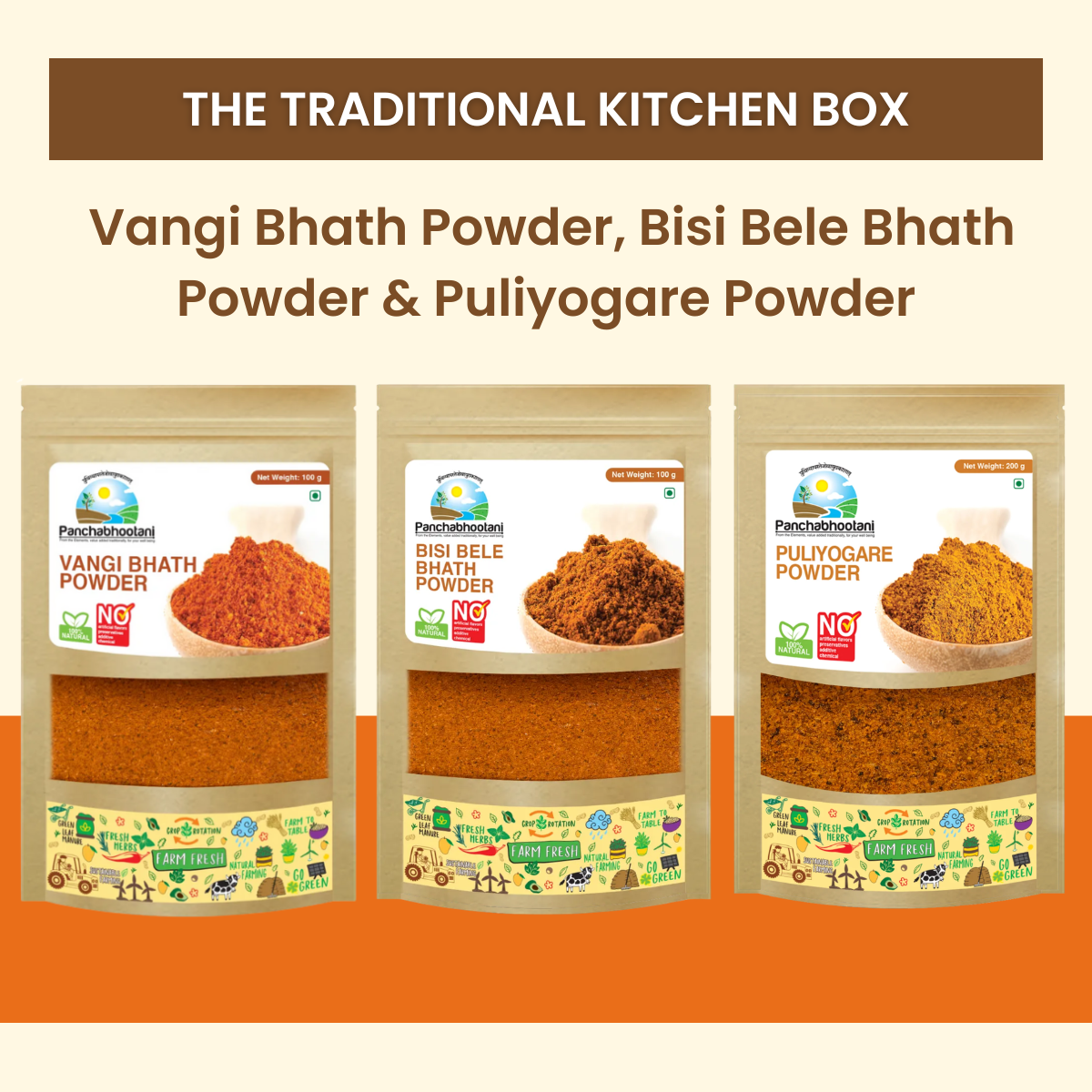 Panchabhootani Combo Pack 37 - Vangi Bhath Powder + Bisi bele bath Powder + Puliyogare Powder