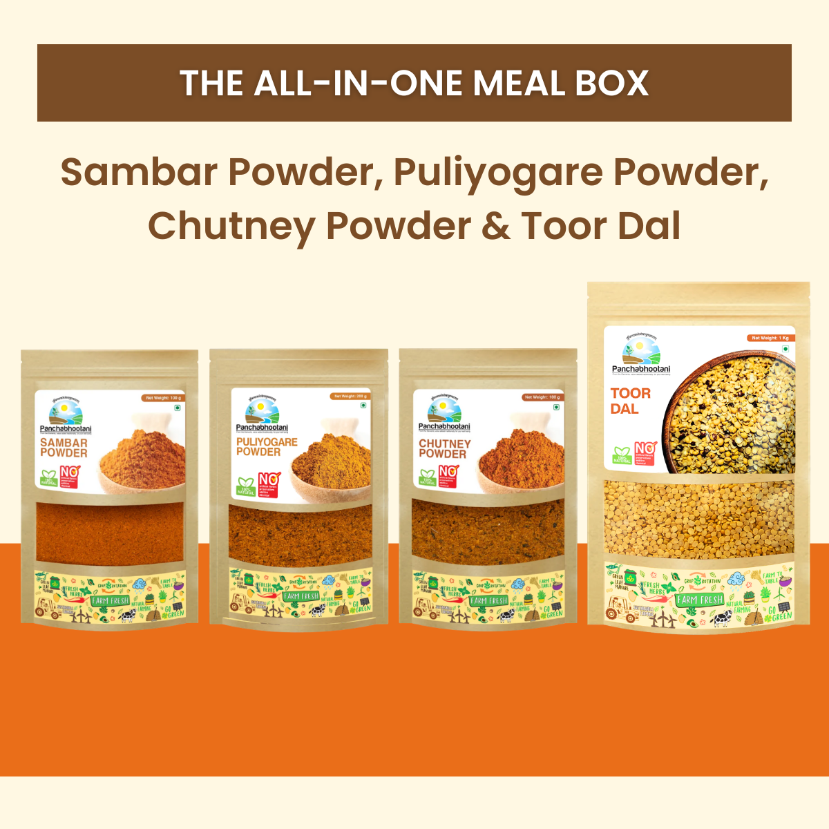 Panchabhootani Combo Pack 40 - Sambar Powder + Puliyogare Powder + Chutney Powder + Toor Dal